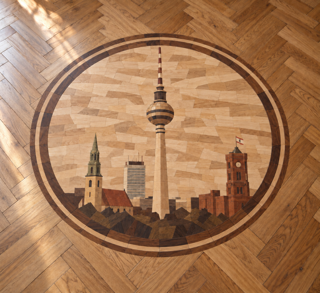 Holzmosaik mit Berliner Fernsehturm, Marienkirche, Park Inn und Rotem Rathaus mit Berliner Flagge in einem Fischgrätparkett